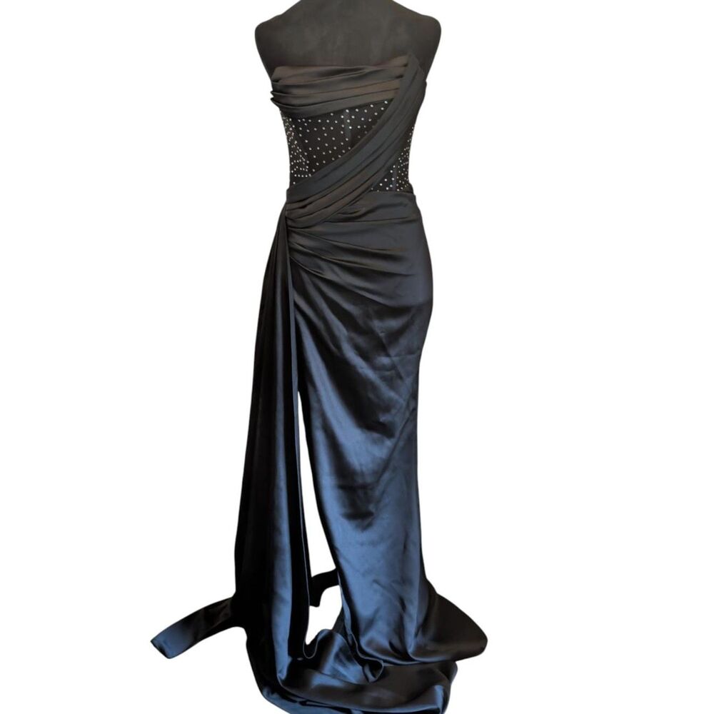 Miss Circle Black Satin Rhinestone Corset Draped High-Slit Maxi Gown, Size XS